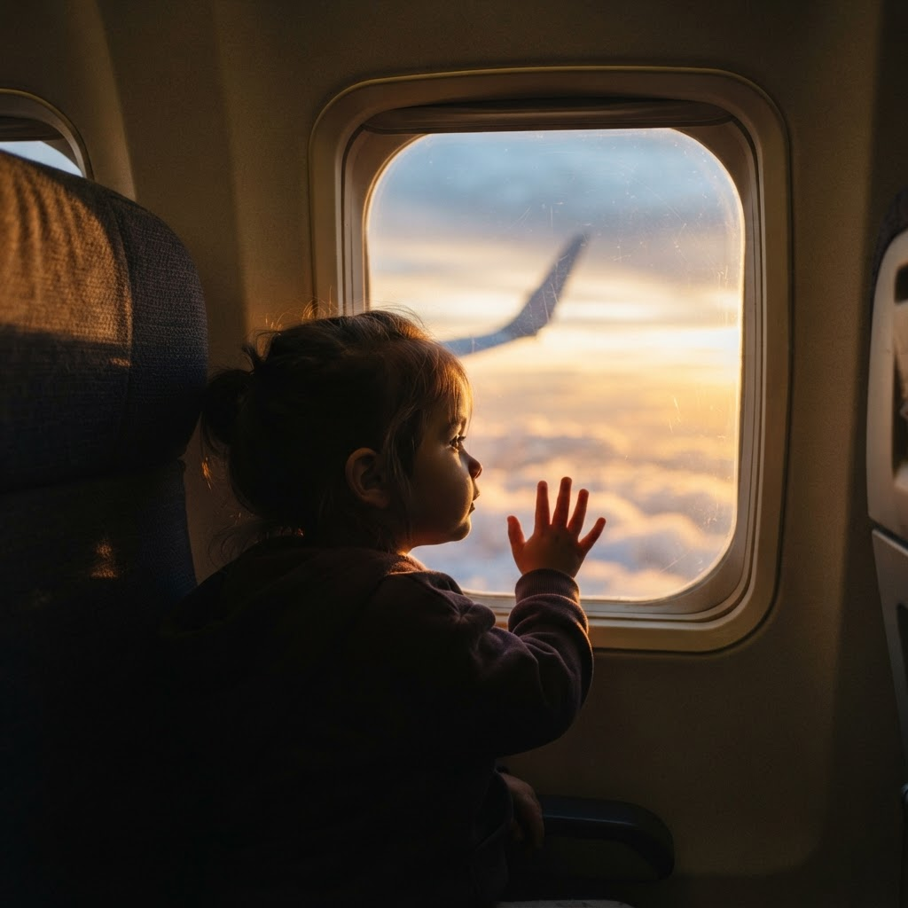 A young child gazing out an airplane window at a warm sunset